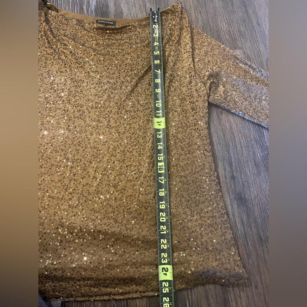 Eileen Fisher 100% Silk Sequin Cowl Neck 3/4 Sleeve Old Money Green/Gold Large - Picture 7 of 8